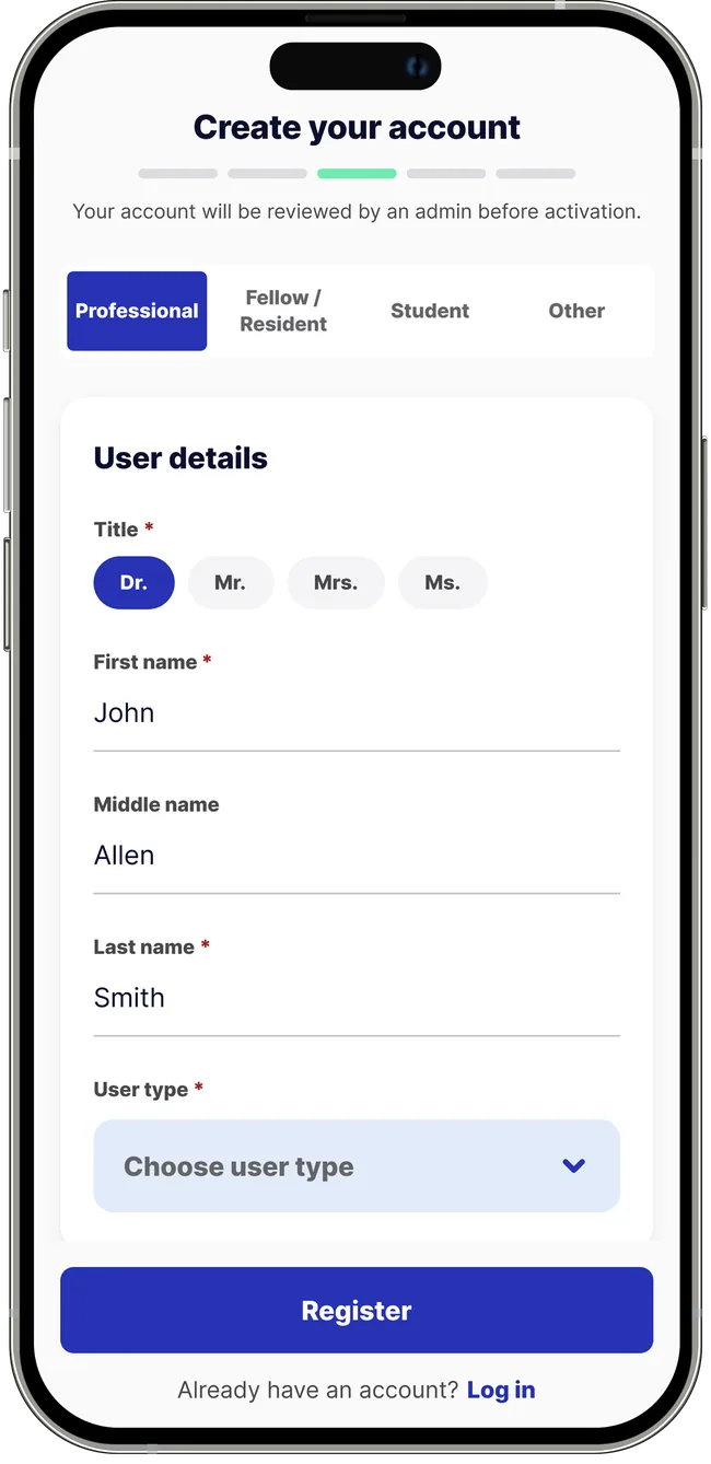 Create your account, stepped with a segmented control