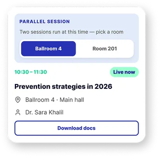 Parallel session card with a room picker