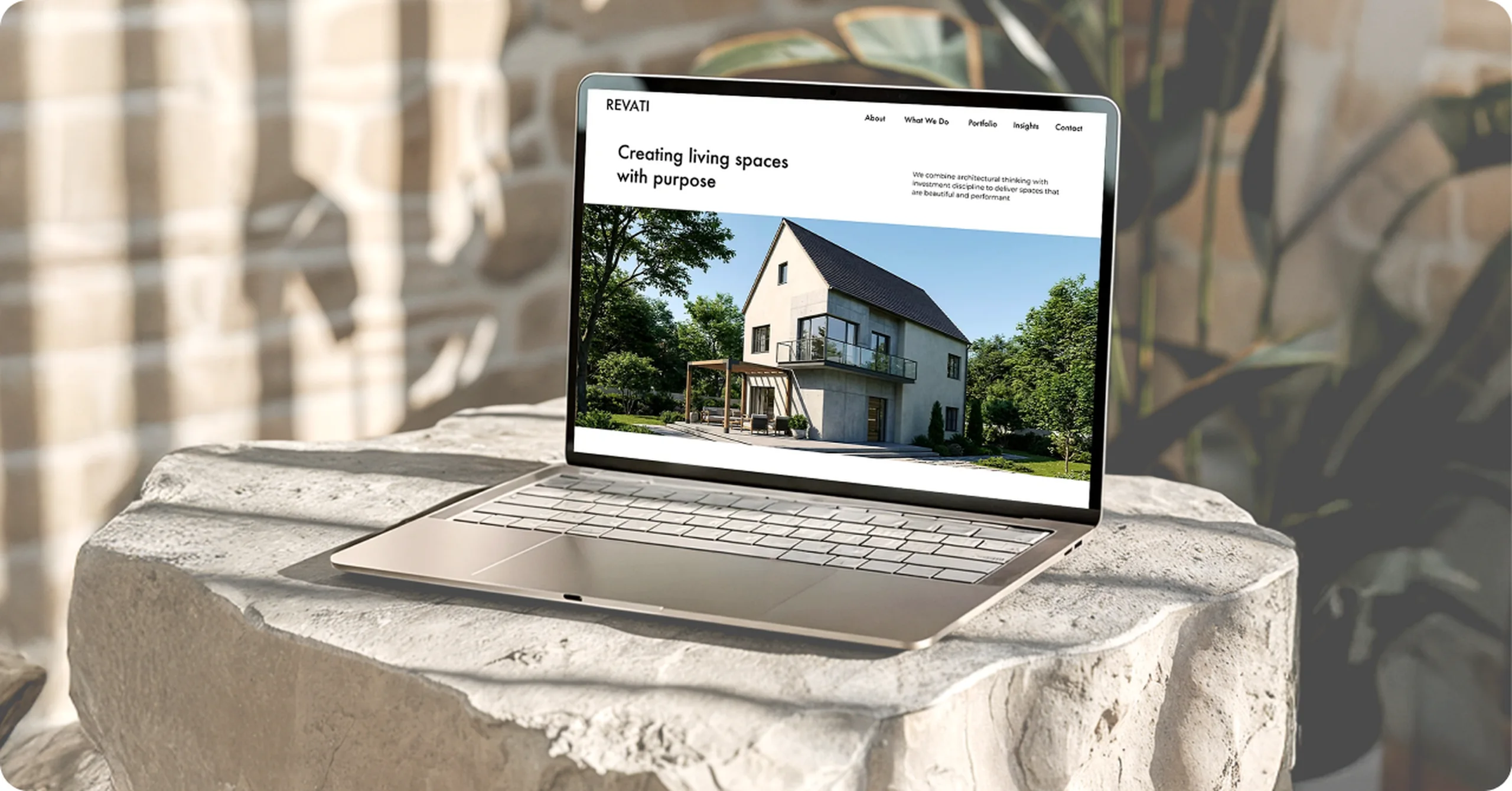 The Revati site open on a laptop, on a stone block